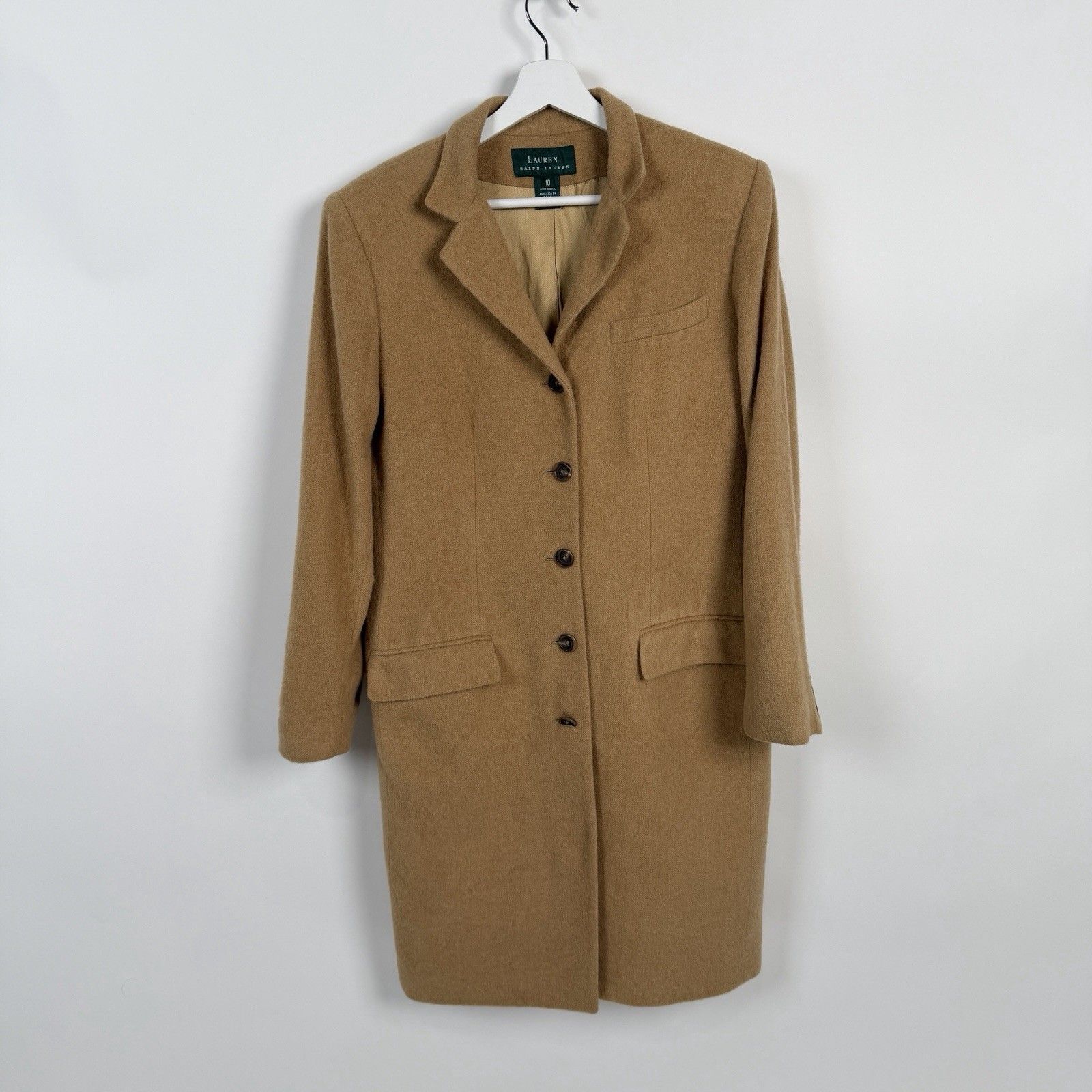 Ralph Lauren Camel Hair Long Overcoat Womens Sz 10 Beige Retro 90s Vtg Flaws